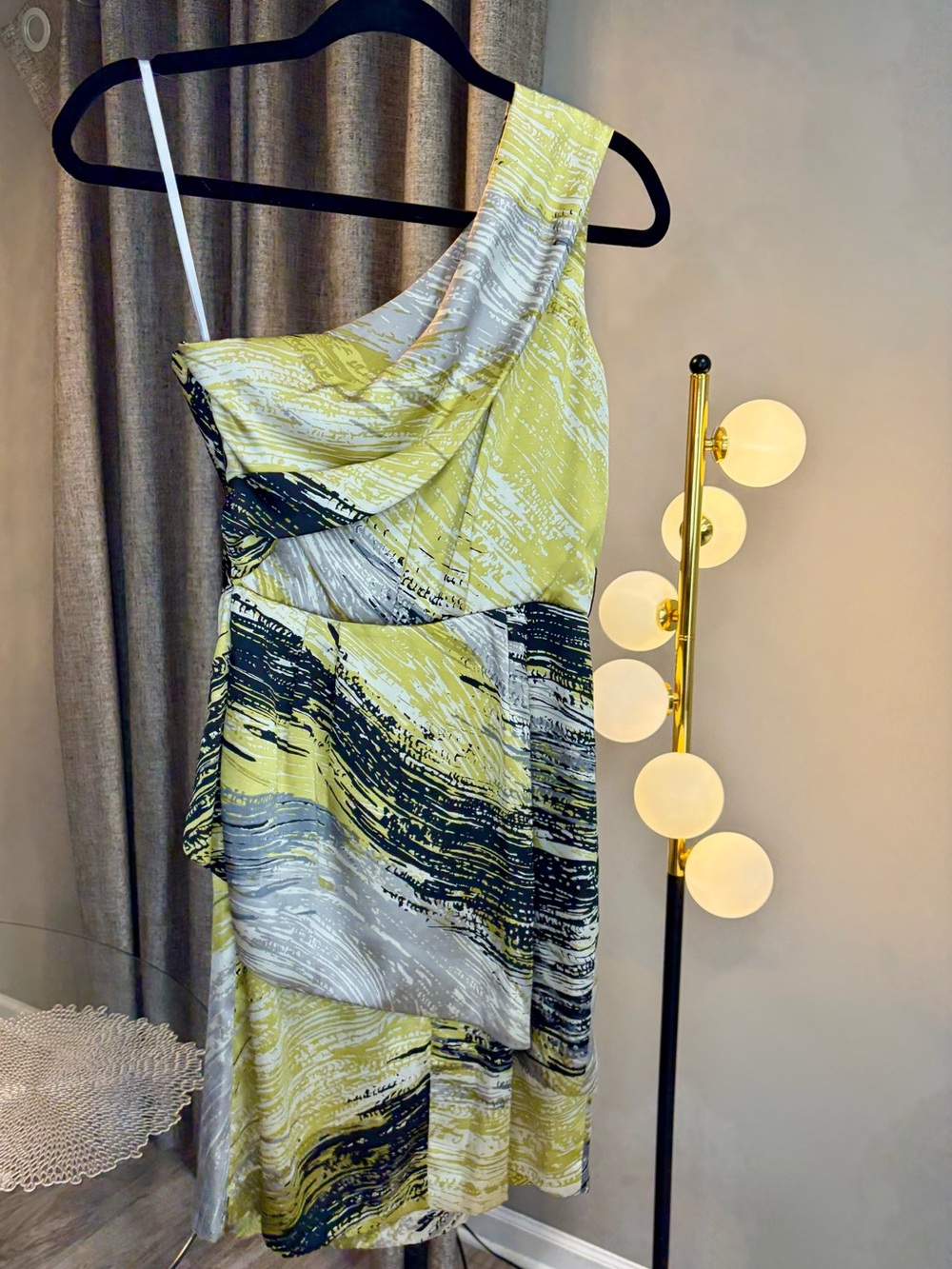 Max & Cleo One-Shoulder Yellow and Black Abstract Print Dress